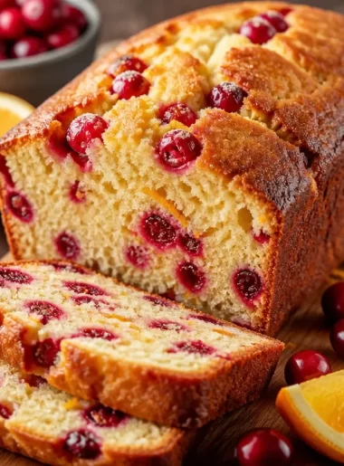 Sliced cranberry orange breakfast loaf on a wooden table.