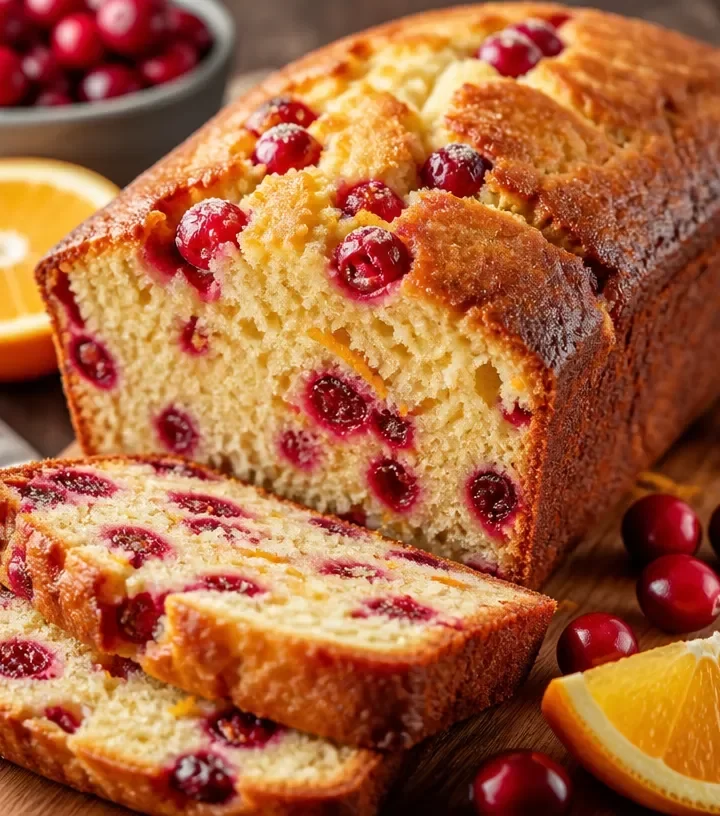 Sliced cranberry orange breakfast loaf on a wooden table.