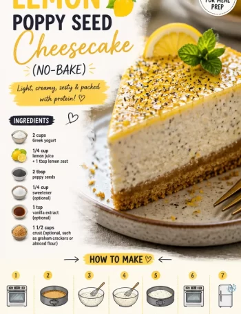 No-bake creamy high-protein lemon poppy seed cheesecake slice on a plate