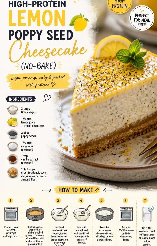 No-bake creamy high-protein lemon poppy seed cheesecake slice on a plate