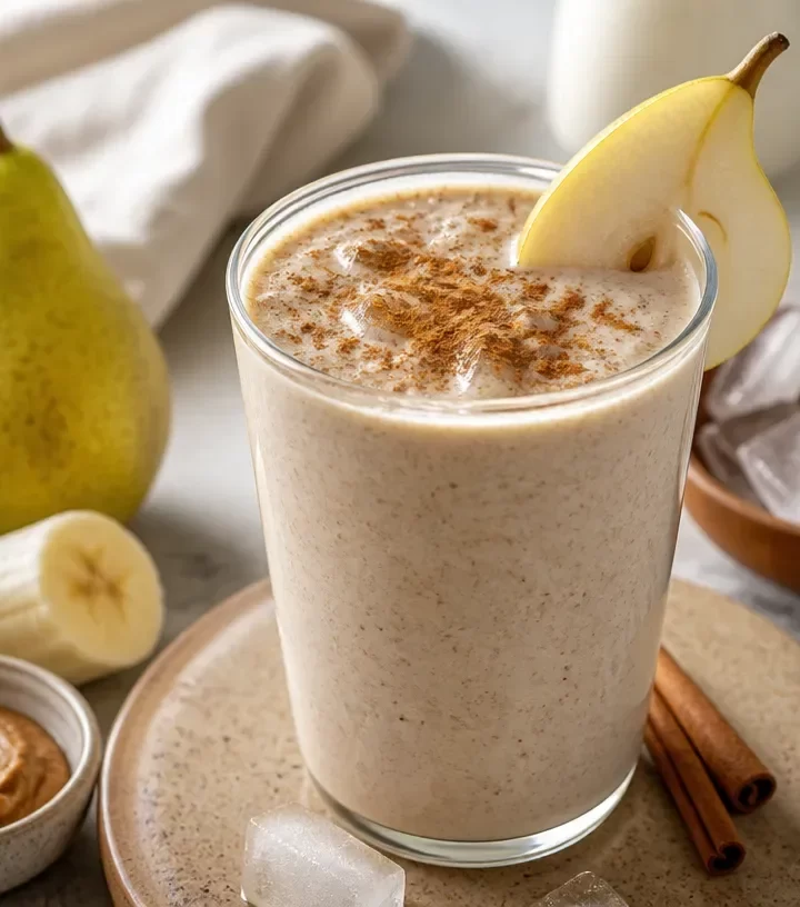Creamy pear cinnamon smoothie served in a glass with a cinnamon stick on top
