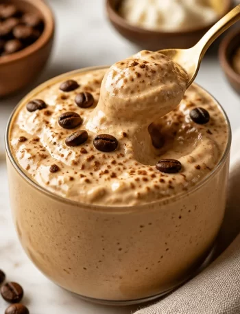 Creamy protein coffee caramel crémeux ready in 5 minutes, a nutritious coffee option.