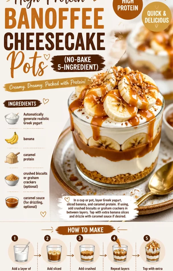 High-Protein No-Bake Banoffee Cheesecake Pots made with 5 ingredients