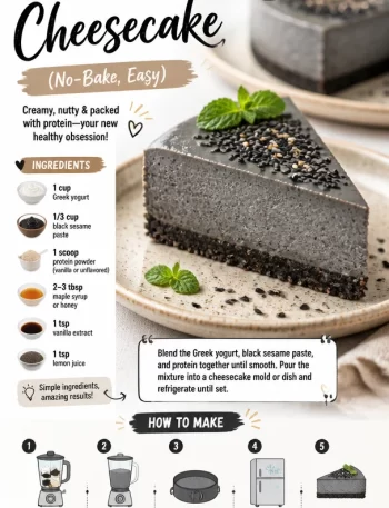 No-bake high-protein black sesame cheesecake topped with sesame seeds