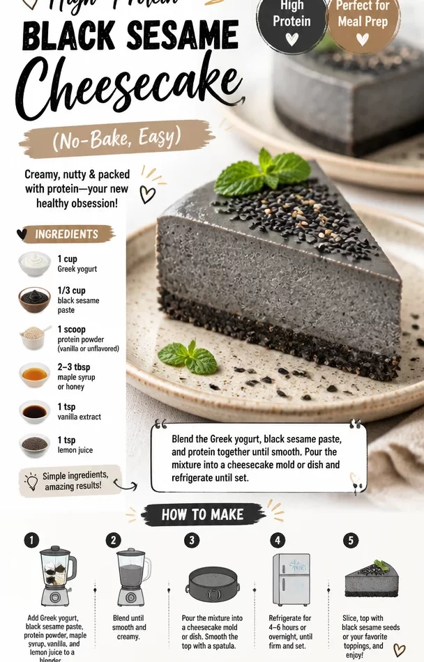 No-bake high-protein black sesame cheesecake topped with sesame seeds