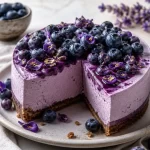 Delicious high-protein no-bake blueberry cheesecake topped with vibrant blueberries