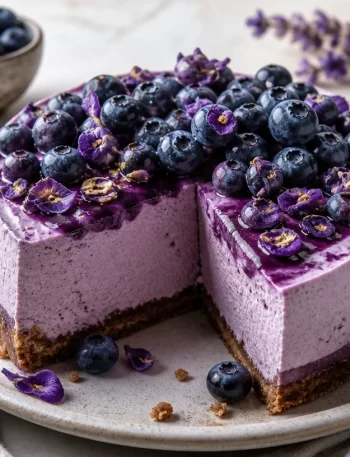 Delicious high-protein no-bake blueberry cheesecake topped with vibrant blueberries