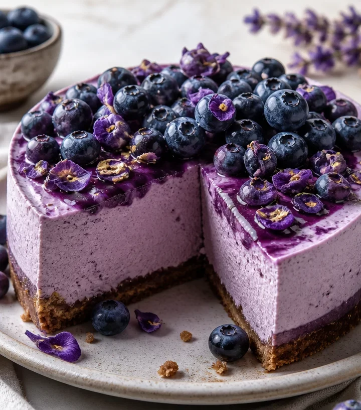 Delicious high-protein no-bake blueberry cheesecake topped with vibrant blueberries
