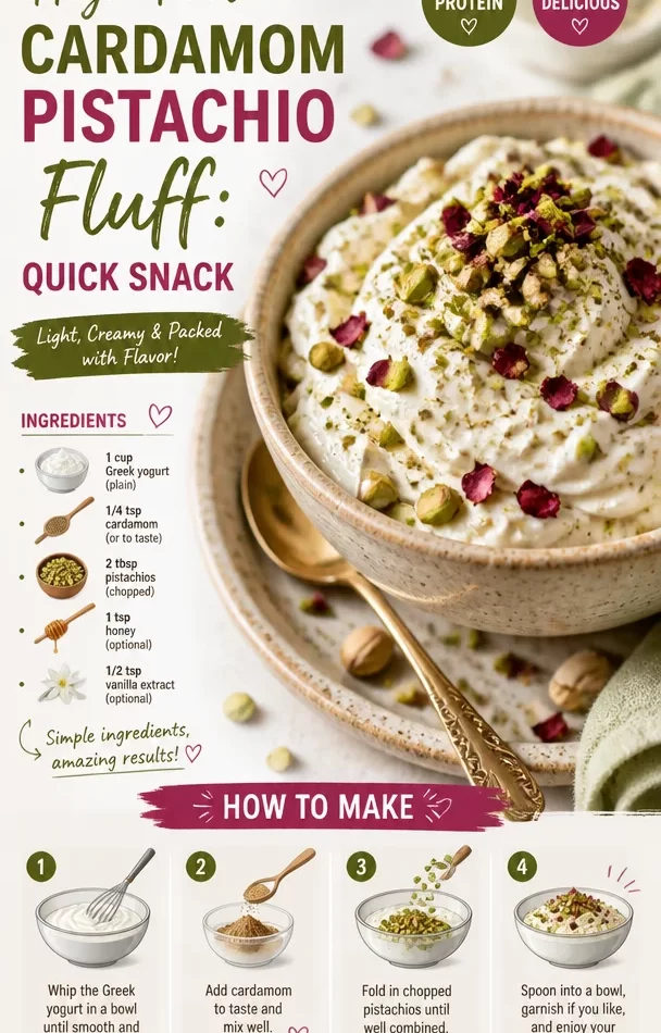 High-Protein Cardamom Pistachio Fluff served in a bowl, garnished with pistachios.