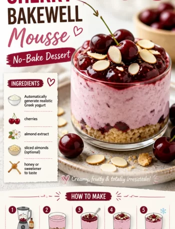 High-protein cherry bakewell mousse served in a bowl with cherries on top.