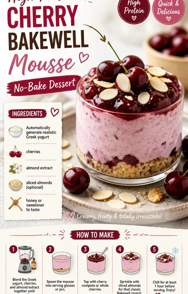 High-protein cherry bakewell mousse served in a bowl with cherries on top.