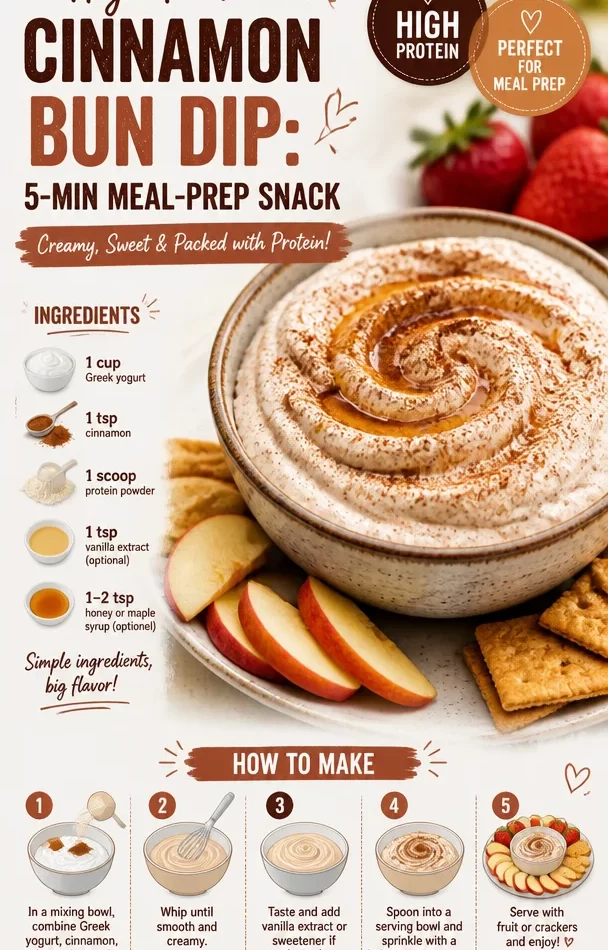 High-Protein Cinnamon Bun Dip in a bowl with cinnamon sprinkles