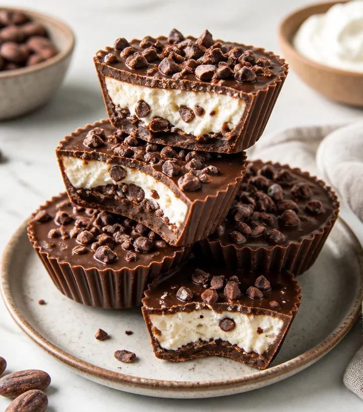 High-Protein Cocoa Nib Crunch Cups ready to enjoy, no-bake recipe