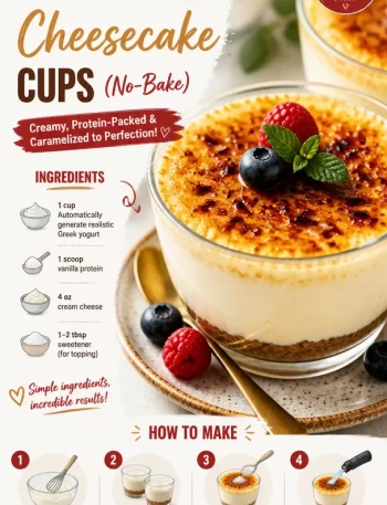 High-protein no-bake creme brulee cheesecake cups in dessert glasses
