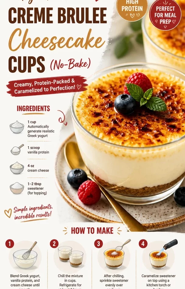 High-protein no-bake creme brulee cheesecake cups in dessert glasses