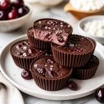 High-protein dark cherry ganache cups ready to serve on a plate.