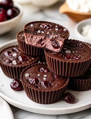 High-protein dark cherry ganache cups ready to serve on a plate.