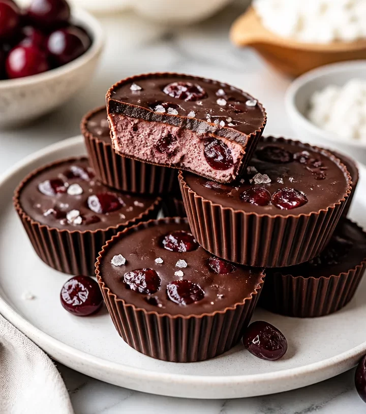 High-protein dark cherry ganache cups ready to serve on a plate.