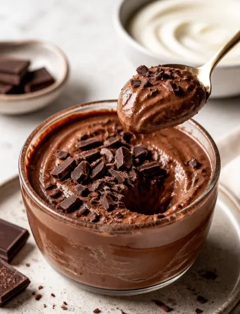 High-protein dark chocolate velvet mousse in a dessert cup