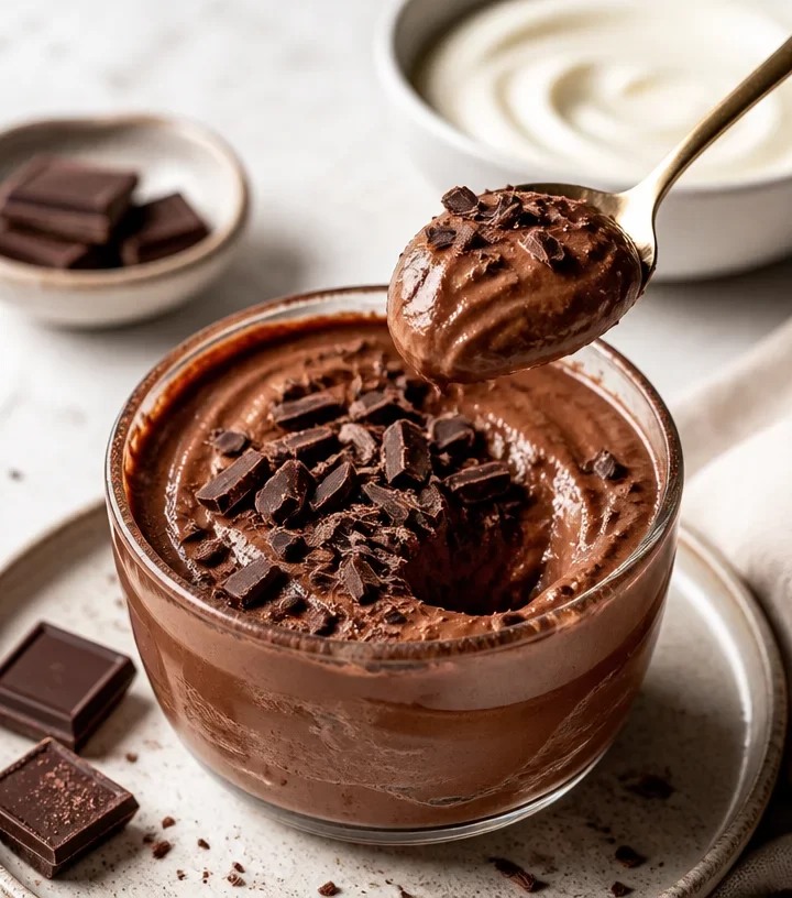 High-protein dark chocolate velvet mousse in a dessert cup