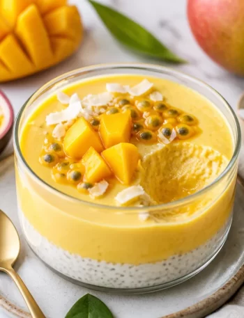 High-Protein Mango Passion Crémeux dessert in a bowl, topped with fresh mango.