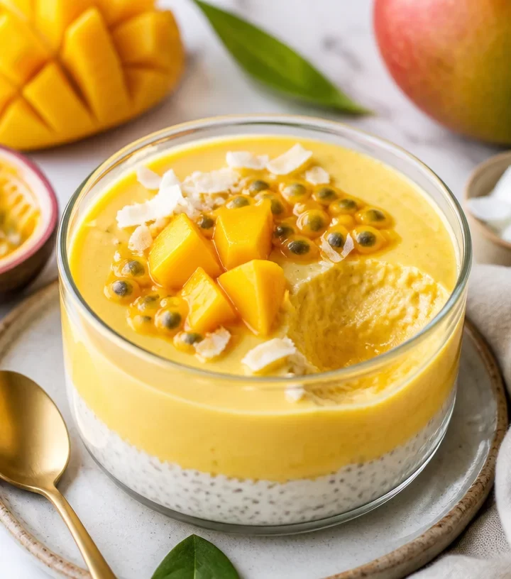 High-Protein Mango Passion Crémeux dessert in a bowl, topped with fresh mango.