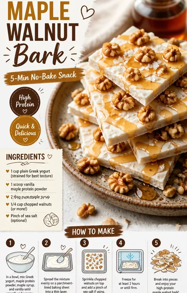 High-protein maple walnut bark snack prepared in 5 minutes, healthy and no-bake.