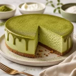 High-Protein Matcha Moss Cheesecake, a no-bake dessert with vibrant green matcha