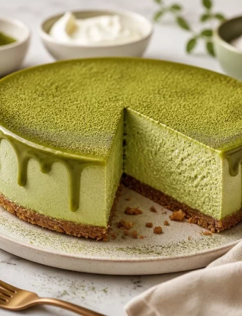 High-Protein Matcha Moss Cheesecake, a no-bake dessert with vibrant green matcha