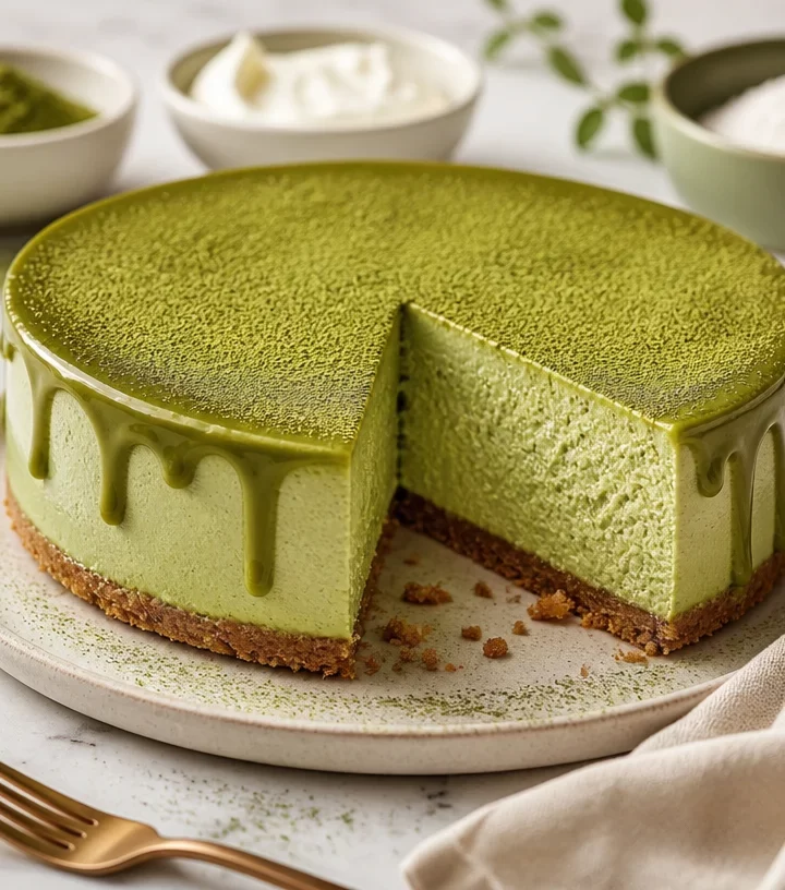 High-Protein Matcha Moss Cheesecake, a no-bake dessert with vibrant green matcha