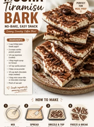 High-protein mocha tiramisu bark on a marble surface, perfect for a no-bake snack.