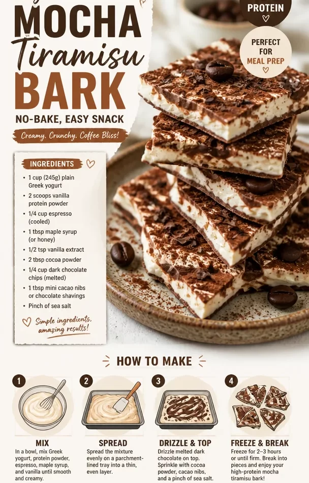 High-protein mocha tiramisu bark on a marble surface, perfect for a no-bake snack.
