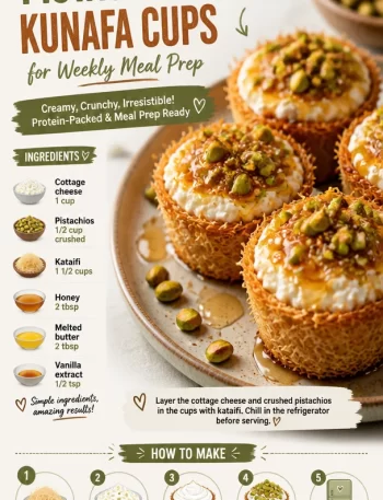 High-protein pistachio kunafa cups served in meal prep containers