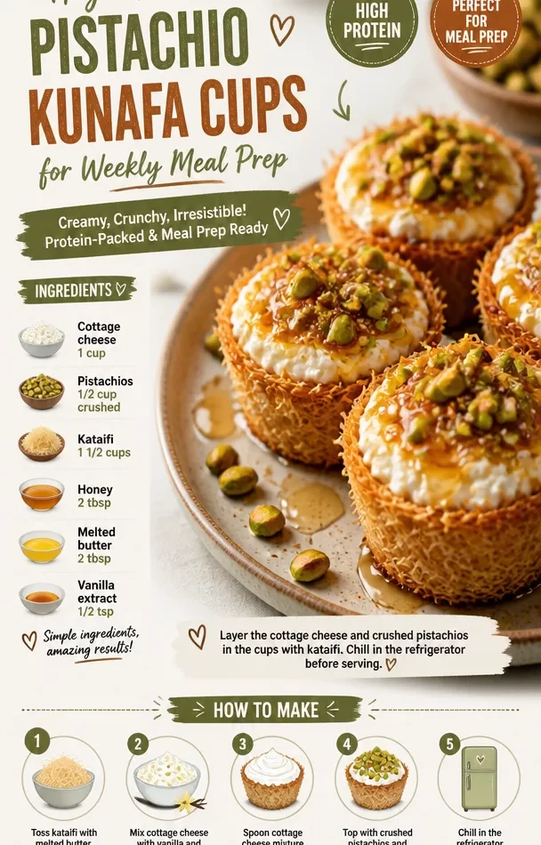 High-protein pistachio kunafa cups served in meal prep containers