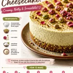 High-protein pistachio rose cheesecake with nutty and floral flavors.