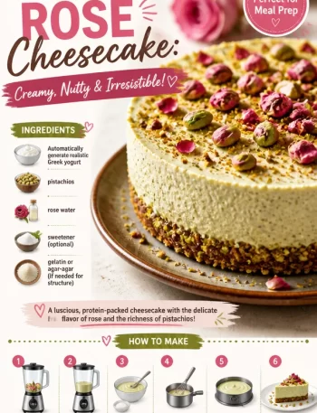 High-protein pistachio rose cheesecake with nutty and floral flavors.