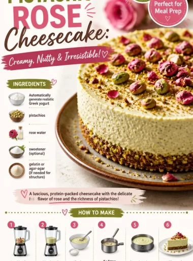High-protein pistachio rose cheesecake with nutty and floral flavors.