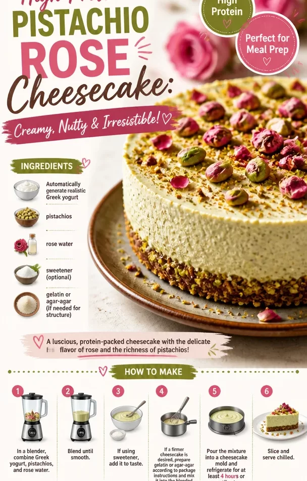 High-protein pistachio rose cheesecake with nutty and floral flavors.