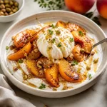 High-protein roasted peach burrata cream bowl featuring fresh summer flavors