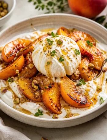 High-protein roasted peach burrata cream bowl featuring fresh summer flavors