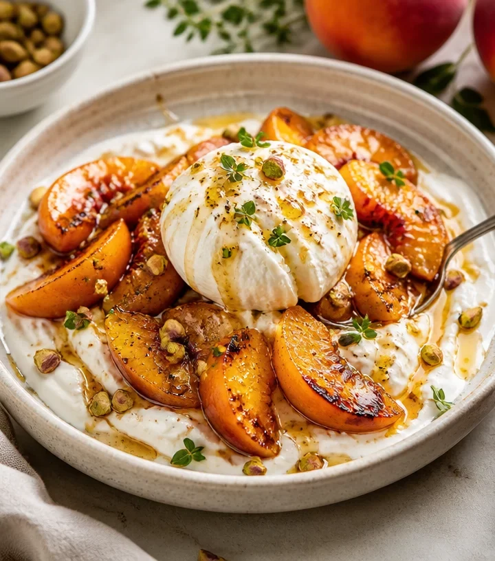 High-protein roasted peach burrata cream bowl featuring fresh summer flavors