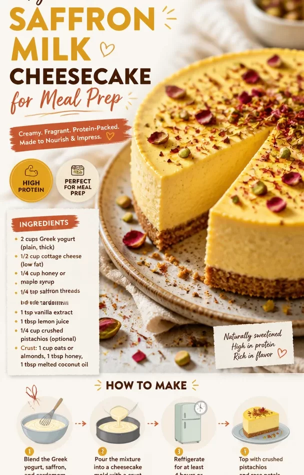 High-protein saffron milk cheesecake slice on a plate