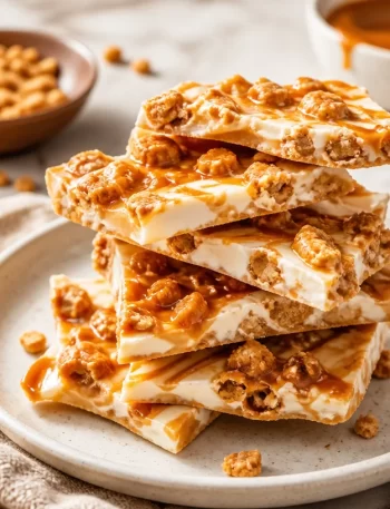 High-protein salted caramel pebble bark on a wooden table