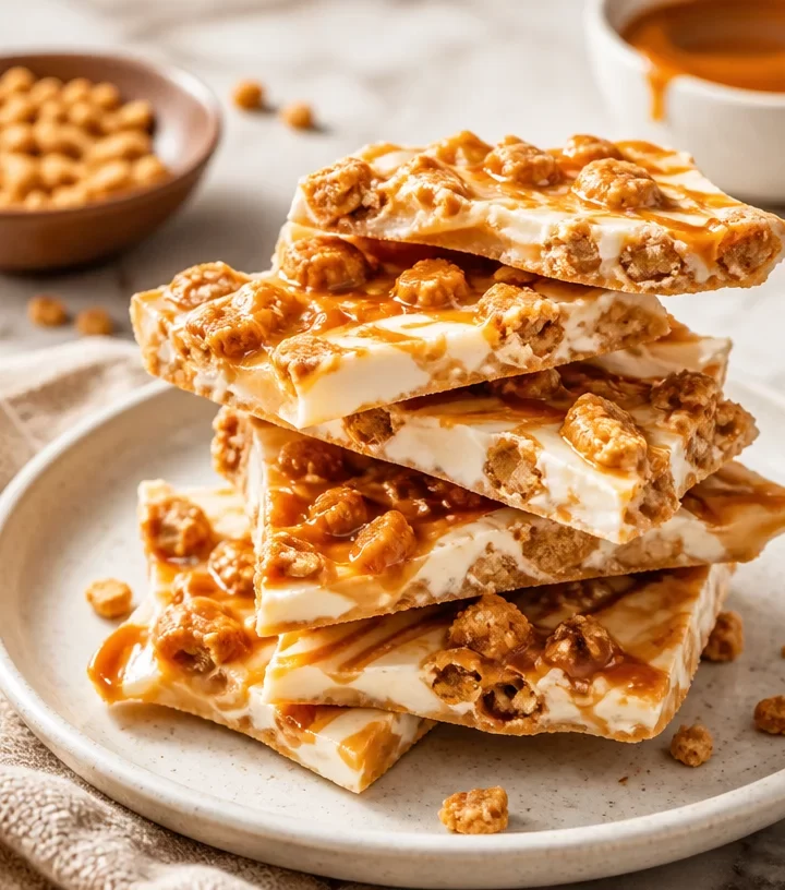 High-protein salted caramel pebble bark on a wooden table