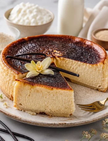 High-protein smoked vanilla cheesecake with a creamy texture and smoky flavor