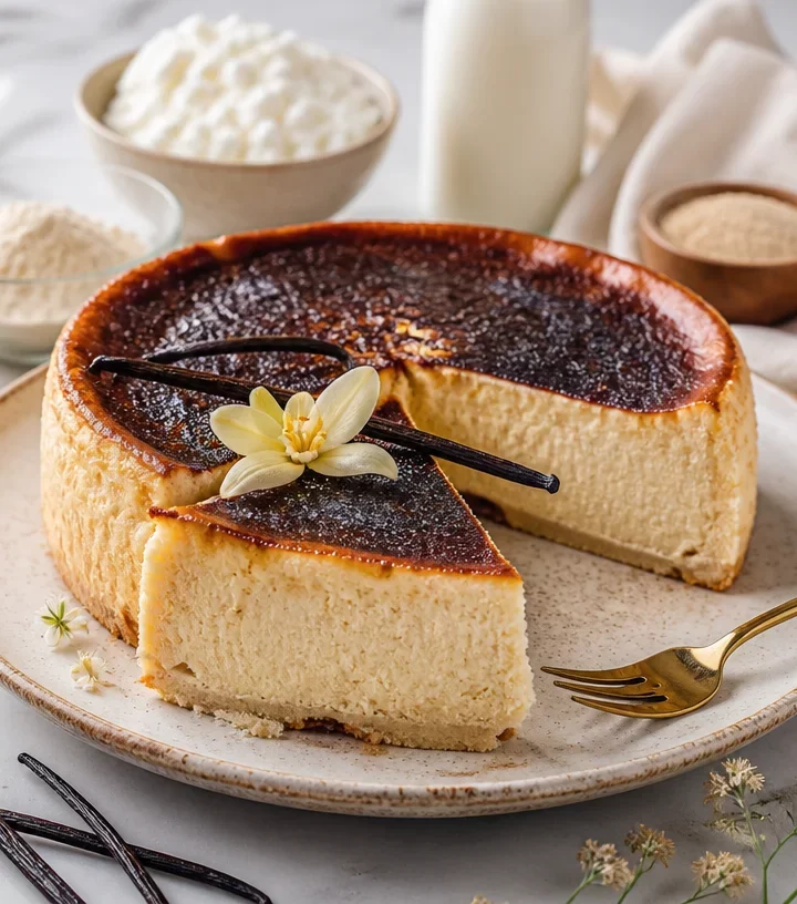 High-protein smoked vanilla cheesecake with a creamy texture and smoky flavor