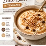 High-protein toasted coconut latte bowl topped with coconut flakes and seeds