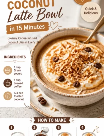 High-protein toasted coconut latte bowl topped with coconut flakes and seeds