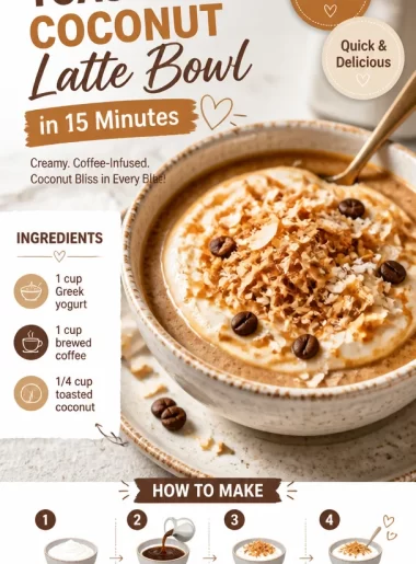 High-protein toasted coconut latte bowl topped with coconut flakes and seeds