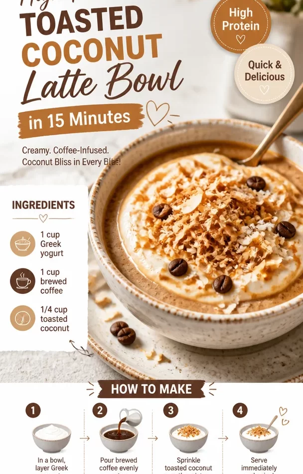 High-protein toasted coconut latte bowl topped with coconut flakes and seeds